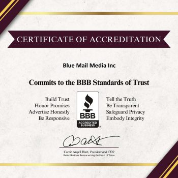 Better Business Bureau certificate of accreditation awarded to Blue Mail Media