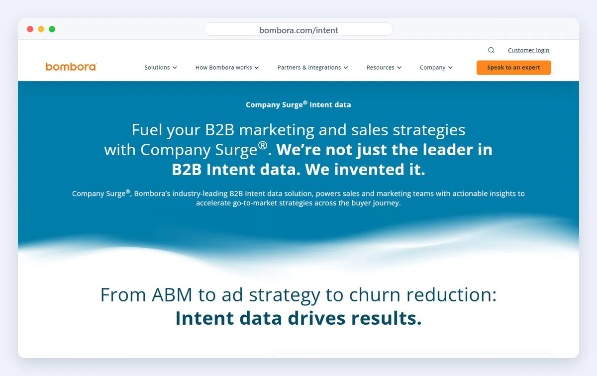 Bombora Company Surge intent data page screenshot - Blue Mail Media