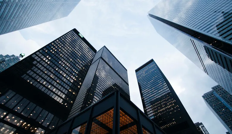 Corporate towers seen from street level