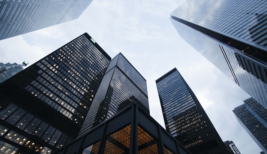 Corporate towers seen from street level