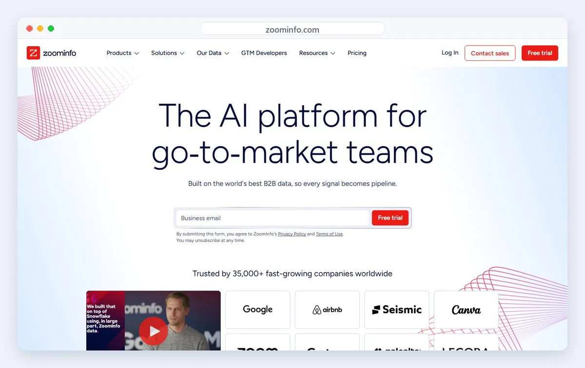 ZoomInfo homepage screenshot - Blue Mail Media